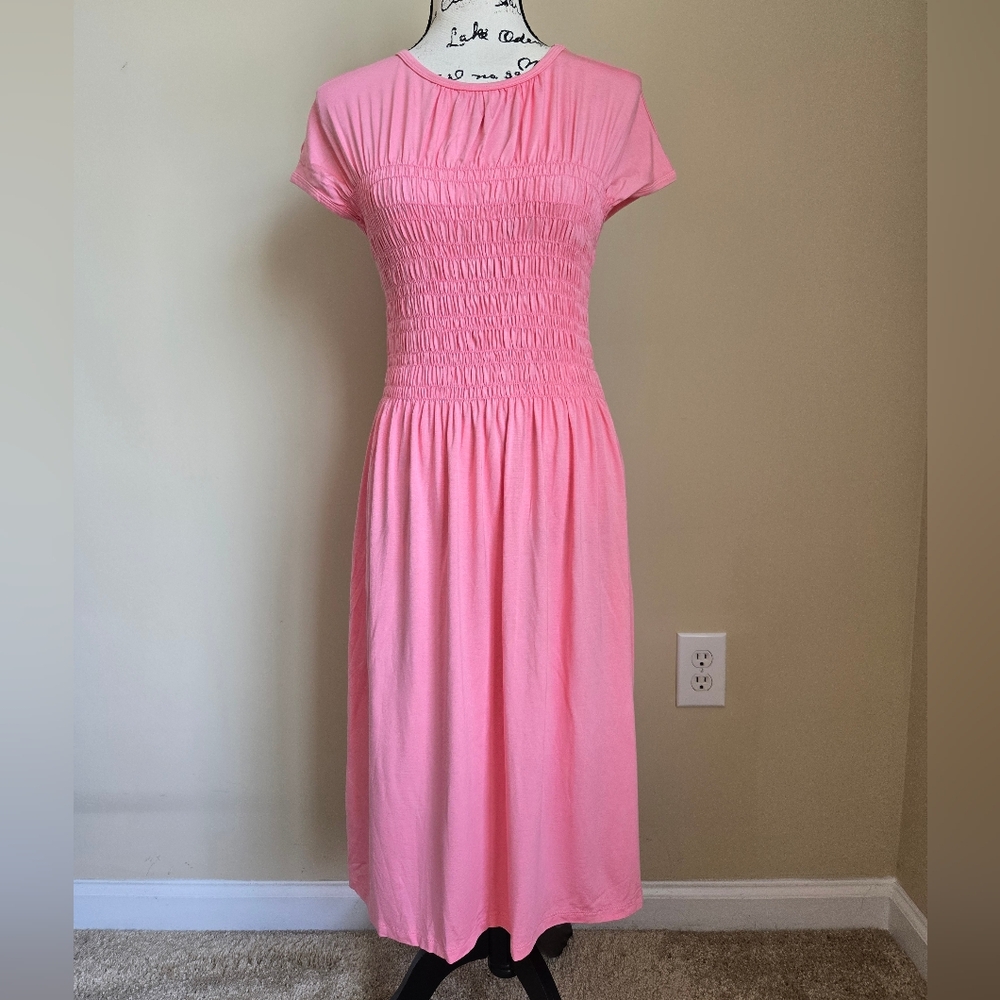 Trina Turk Smocked Midi Dress Womens S Pink Jersey Pullover